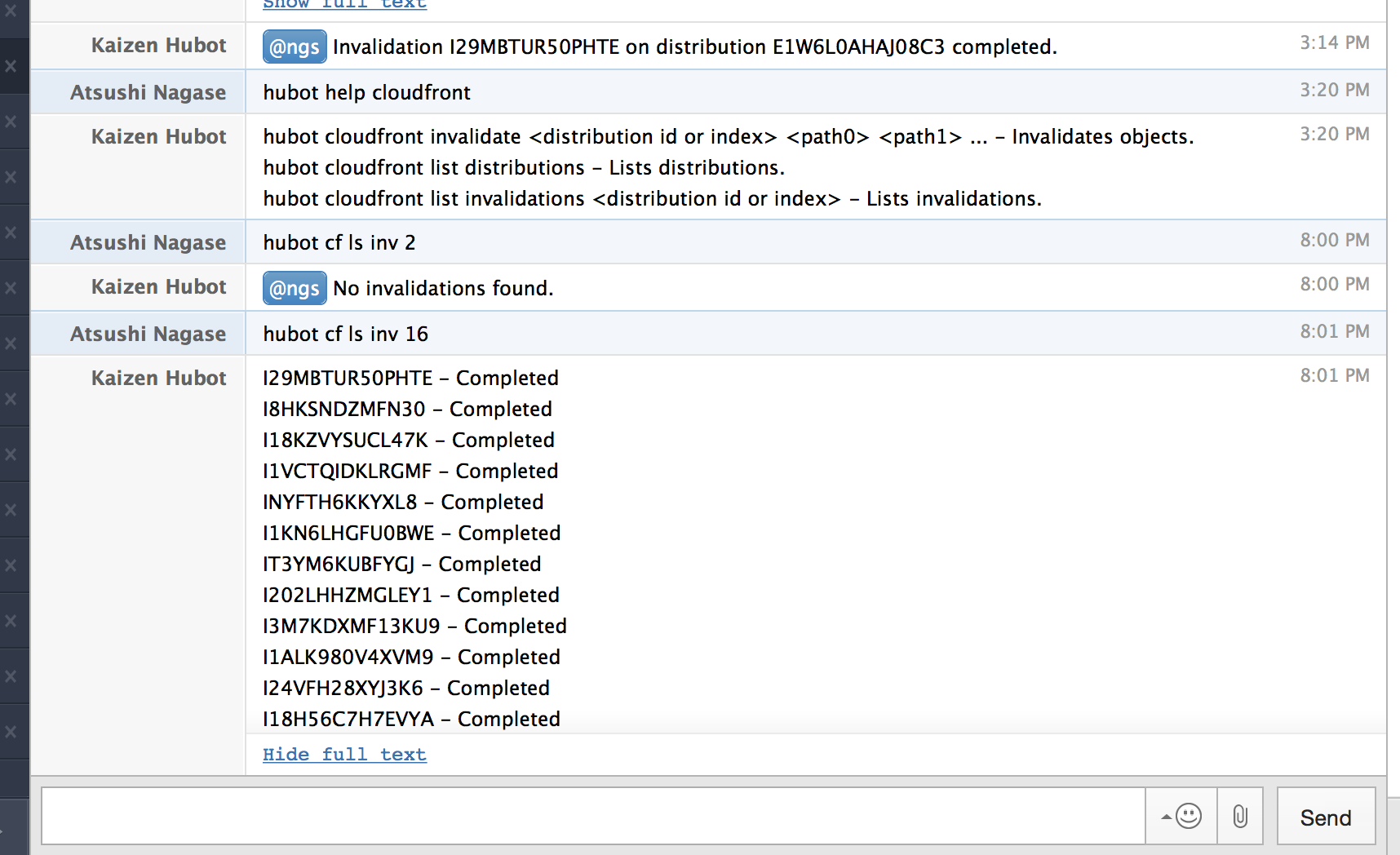 Hubot を使って CloudFront の Distribution 一覧・Invalidation 作成を行う hubot-cloudfront